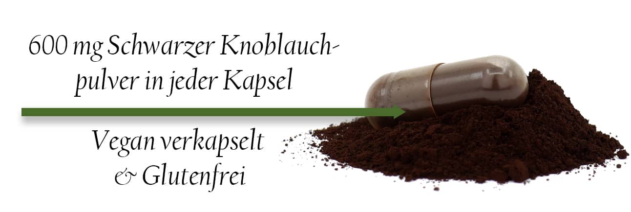 600mg in jeder Kapsel. Reiner BIO Schwarzer Knoblauchpulver.
