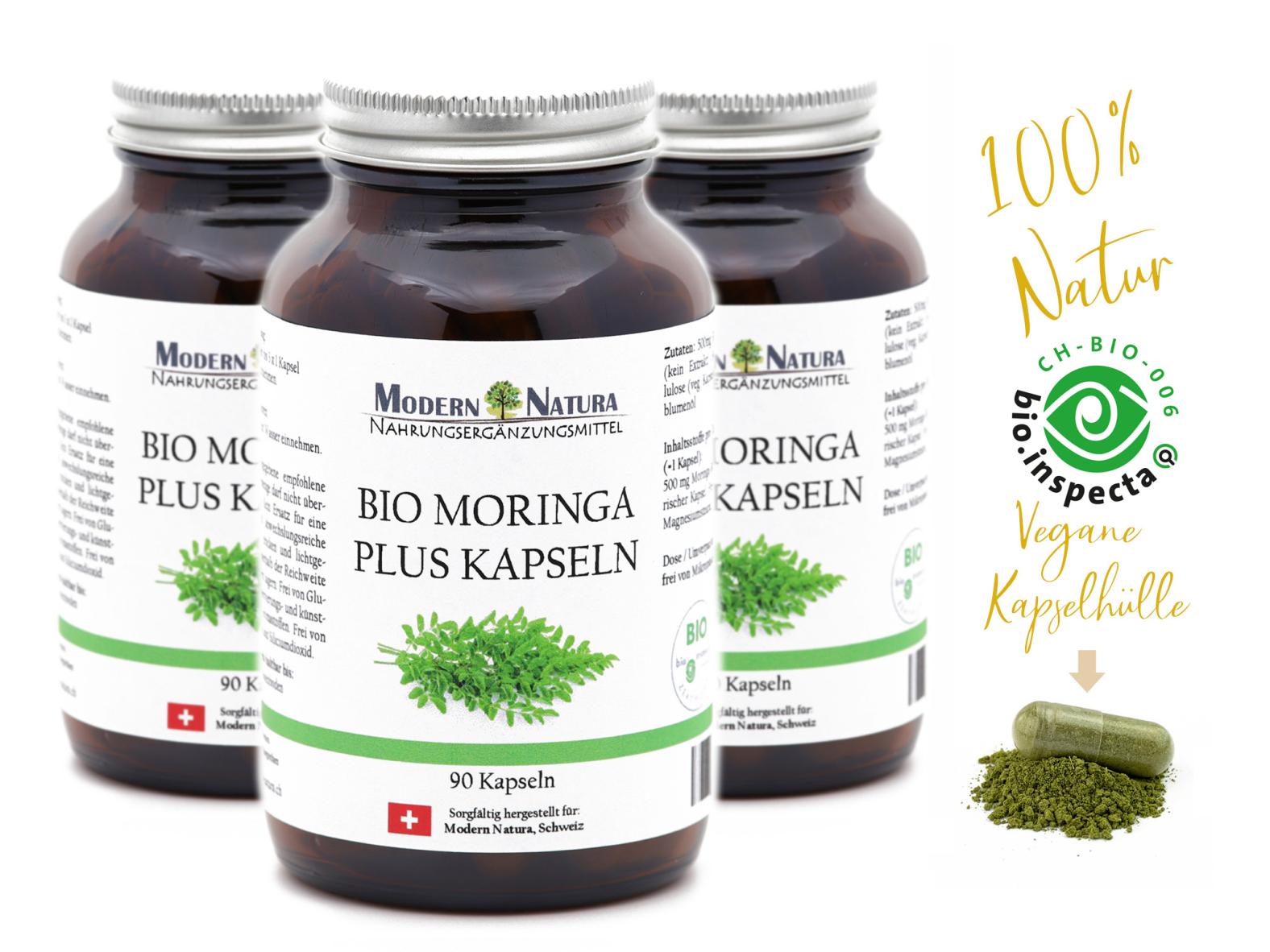 BIO Moringa Kapseln - 3x 90 Kapseln (Set) Vegan & Glutenfrei - 500mg Bio Moringa in jeder Kapsel