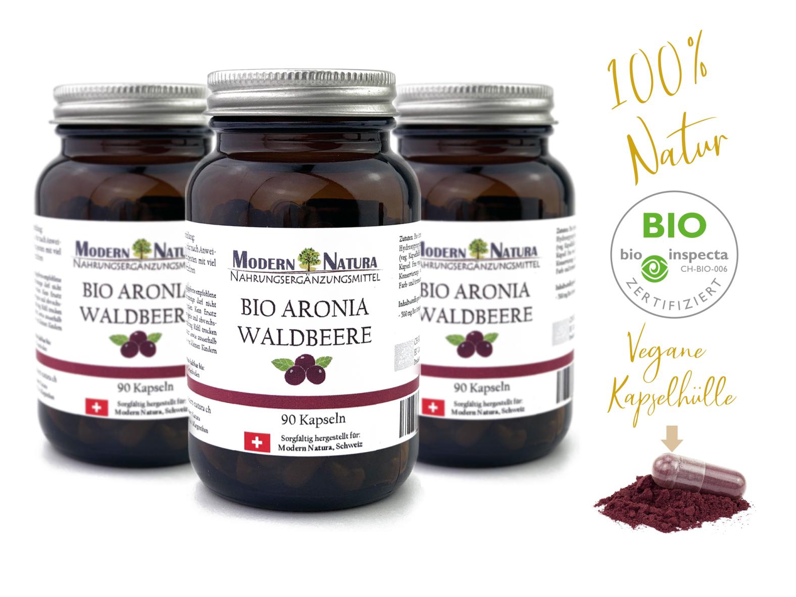 BIO Aronia Waldbeere - 3x 90 Kapseln - Vegan & Glutenfrei - 500mg reinstes Aroniabeeren Pulver / Apfelbeere