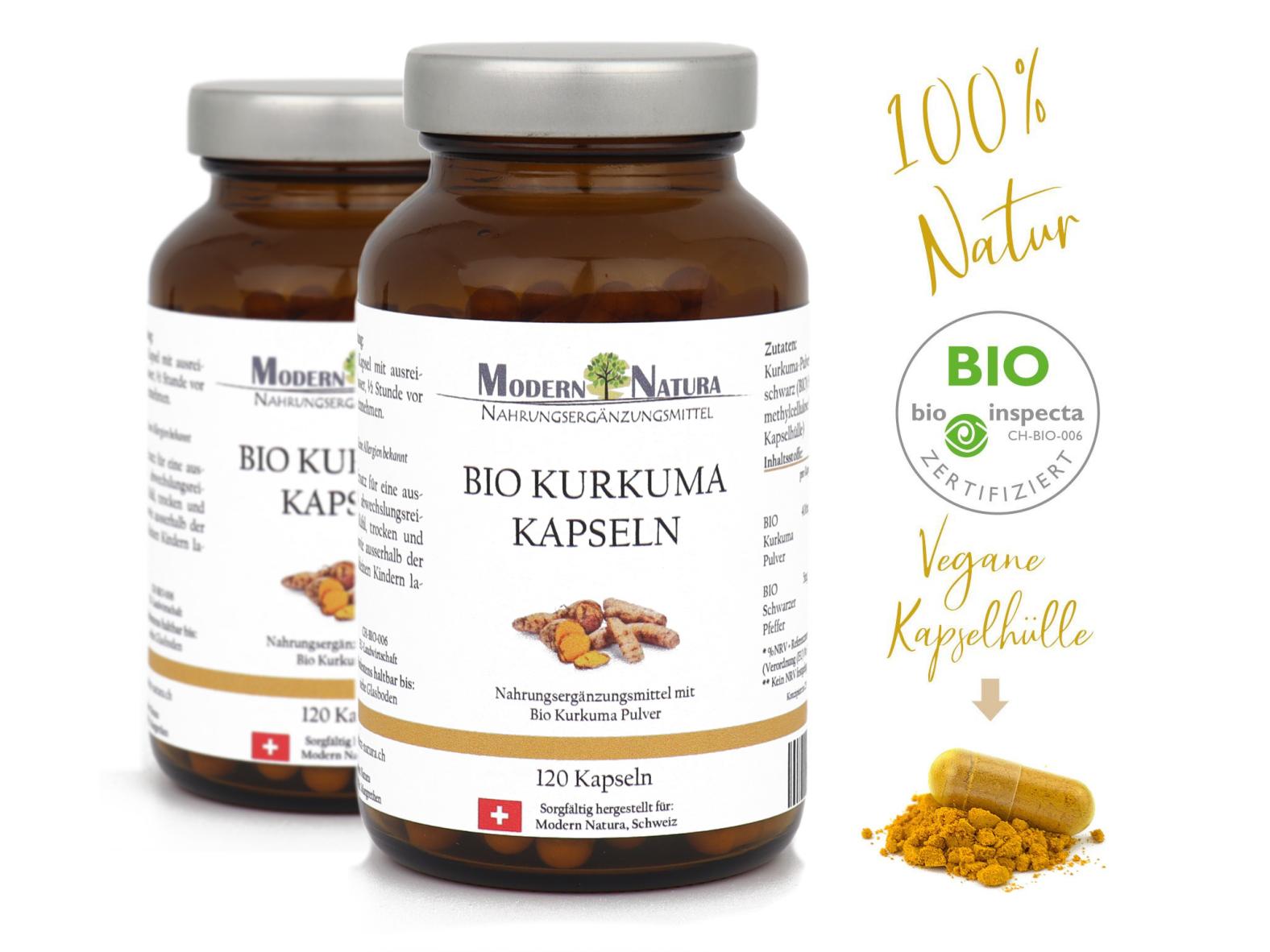 BIO Kurkuma / Curcuma Kapseln - Doppelpack 2x 120 Kapseln im Glas -  Mit 400mg BIO Curcuma + 5mg BIO Schwarzer Pfeffer - Vegan & Glutenfrei