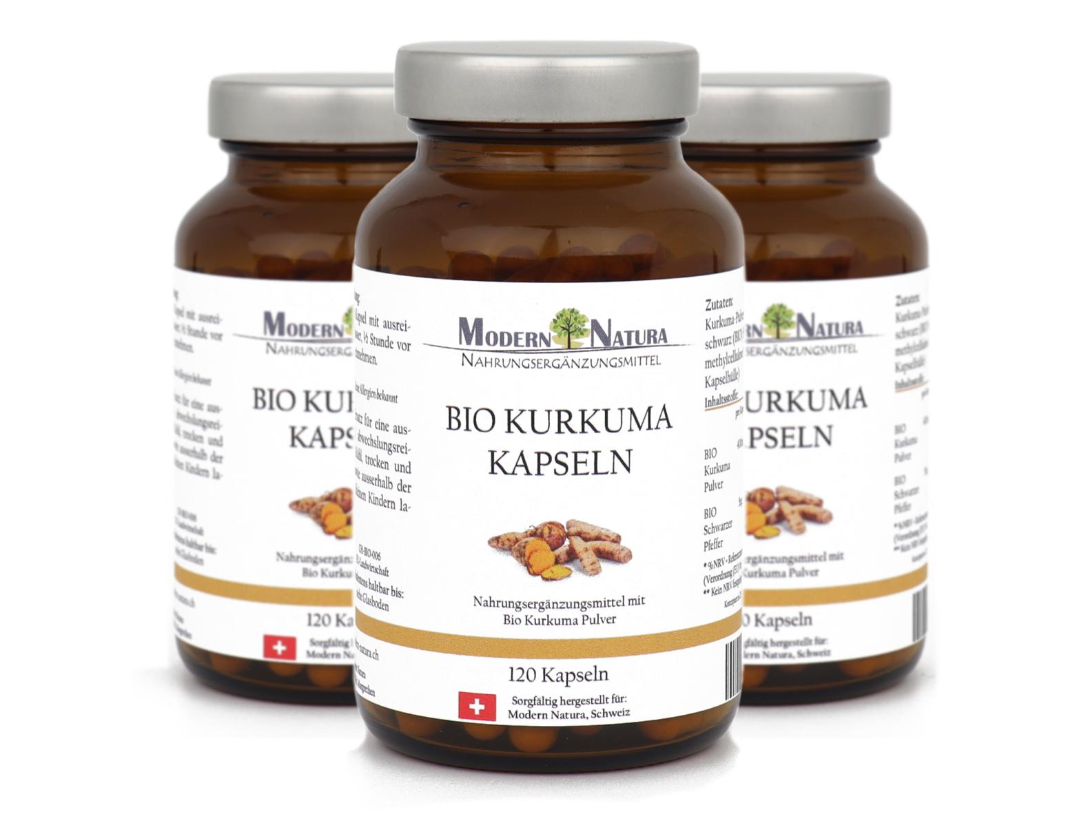 BIO Kurkuma / Curcuma Kapseln - Dreierpack 3x 120 Kapseln im Glas -  Mit 400mg BIO Curcuma + 5mg BIO Schwarzer Pfeffer - Vegan & Glutenfrei