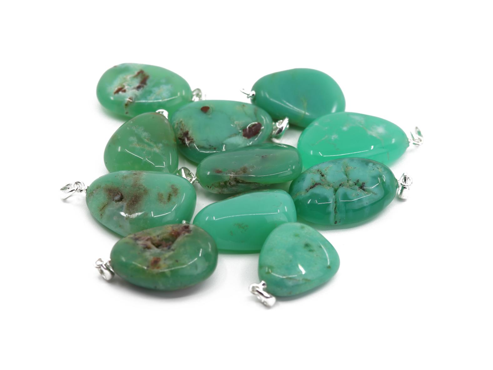 Chrysopras Anhänger mit 925er Silberöse - Edelstein / Heilstein - inkl. 1m Leder- oder Kunstleder Halsband (Schmuckstein)