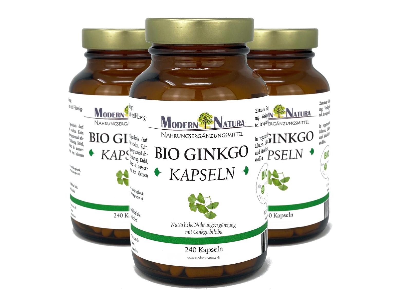 BIO Ginkgo Kapseln - 3x 240 Kapseln Vorteilspack - Biloba-Spezialextrakt (240 Stück, Vegan & Glutenfrei)