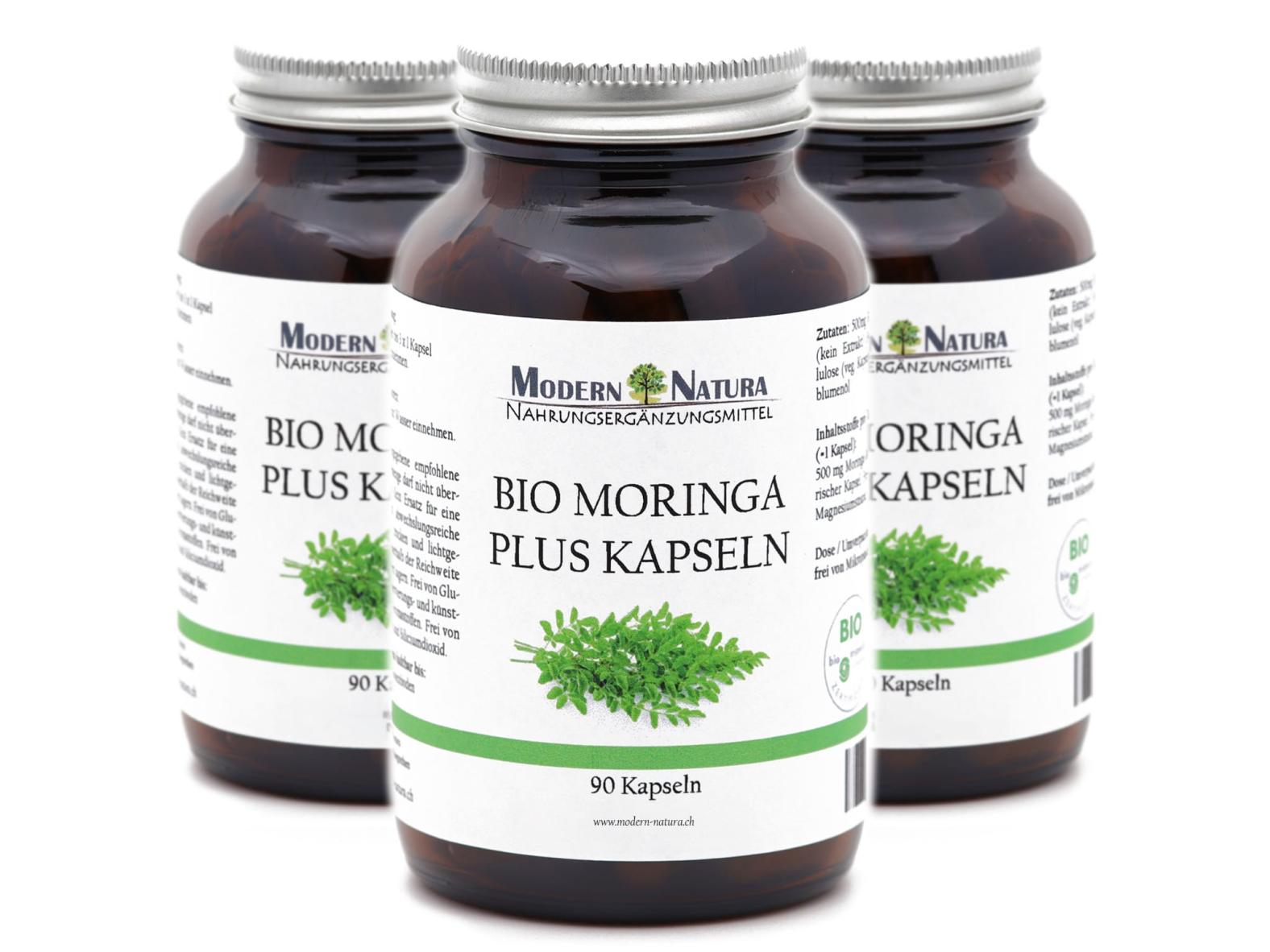 BIO Moringa Kapseln - 3x 90 Kapseln (Set) Vegan & Glutenfrei - 500mg Bio Moringa in jeder Kapsel