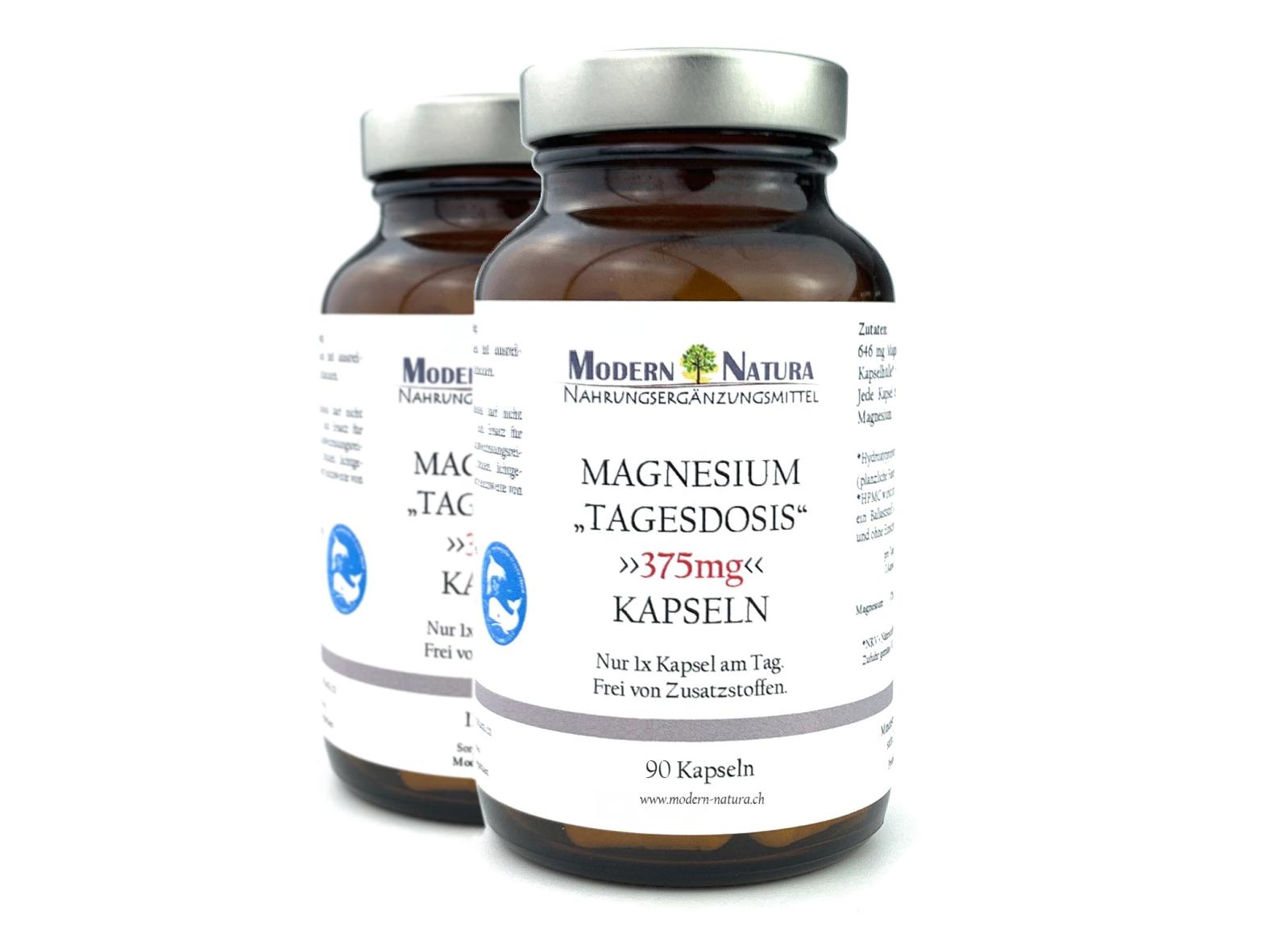 Magnesium "Tagesdosis" 375mg - Hochdosiert - 2x 90 Kapseln - Vegan & Glutenfrei - Hohe Bioverfügbarkeit (Doppelpack)