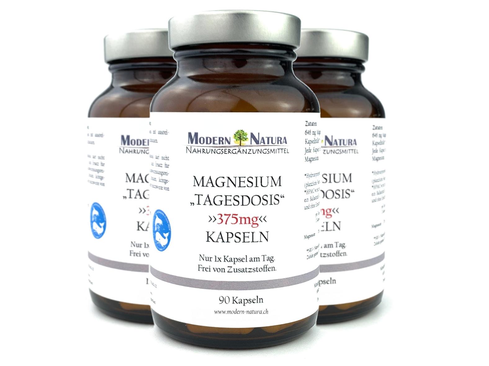Magnesium "Tagesdosis" 375mg - Hochdosiert - 3x 90 Kapseln - Vegan & Glutenfrei - Hohe Bioverfügbarkeit (Dreierpack)