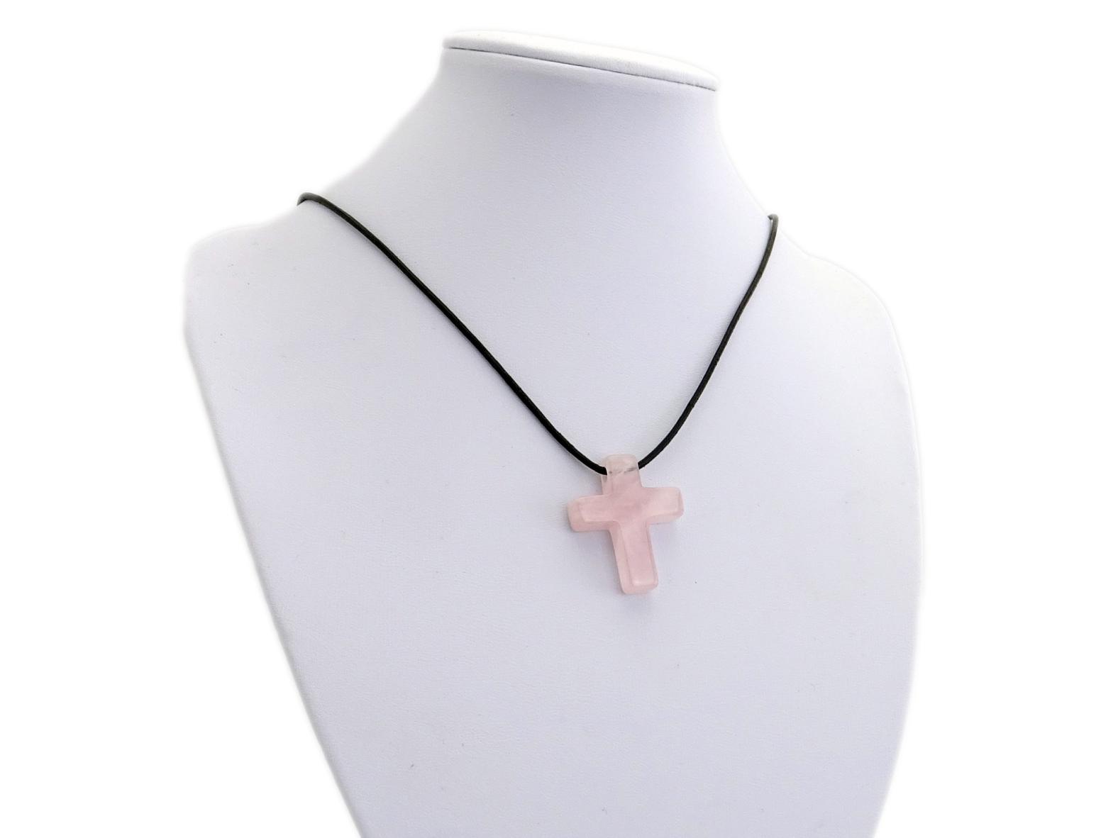 Rosenquarz Kreuz Edelstein / Heilstein - Anhänger inkl. 1m Leder- oder Kunstleder Halsband (Schmuckstein)
