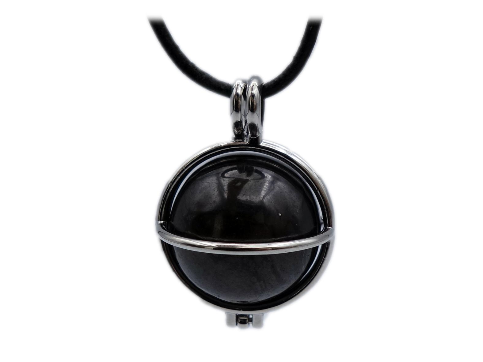 Schungit Edelstein / Heilstein Anhänger (Kugel im versilberten Käfig) + 1m Leder- oder Kunstlederhalsband