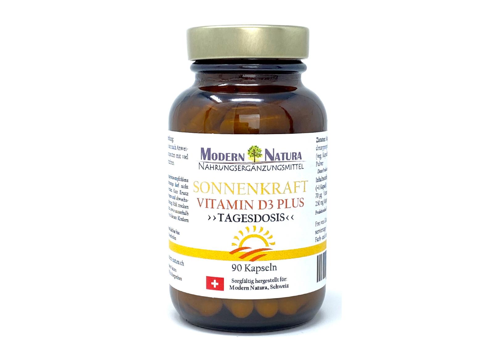 Vitamin D3 Kapseln "Sonnenkraft" - 1x 90 Kapseln Einzelglas - Vegan & Glutenfrei - (Cholecalciferol 2800 IE. pro Kapsel)