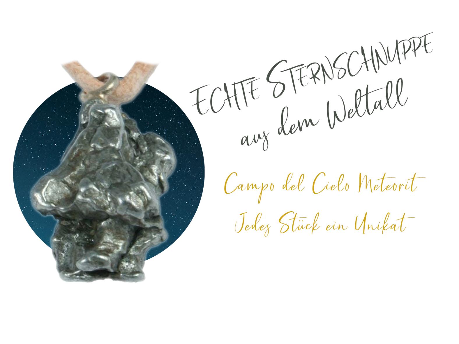 Sternschnuppe Anhänger mit 1m Halsband aus Leder - Ein Stück echter Meteorit aus Campo del Cielo, vor ca. 5000 Jahre aufgeschlagen