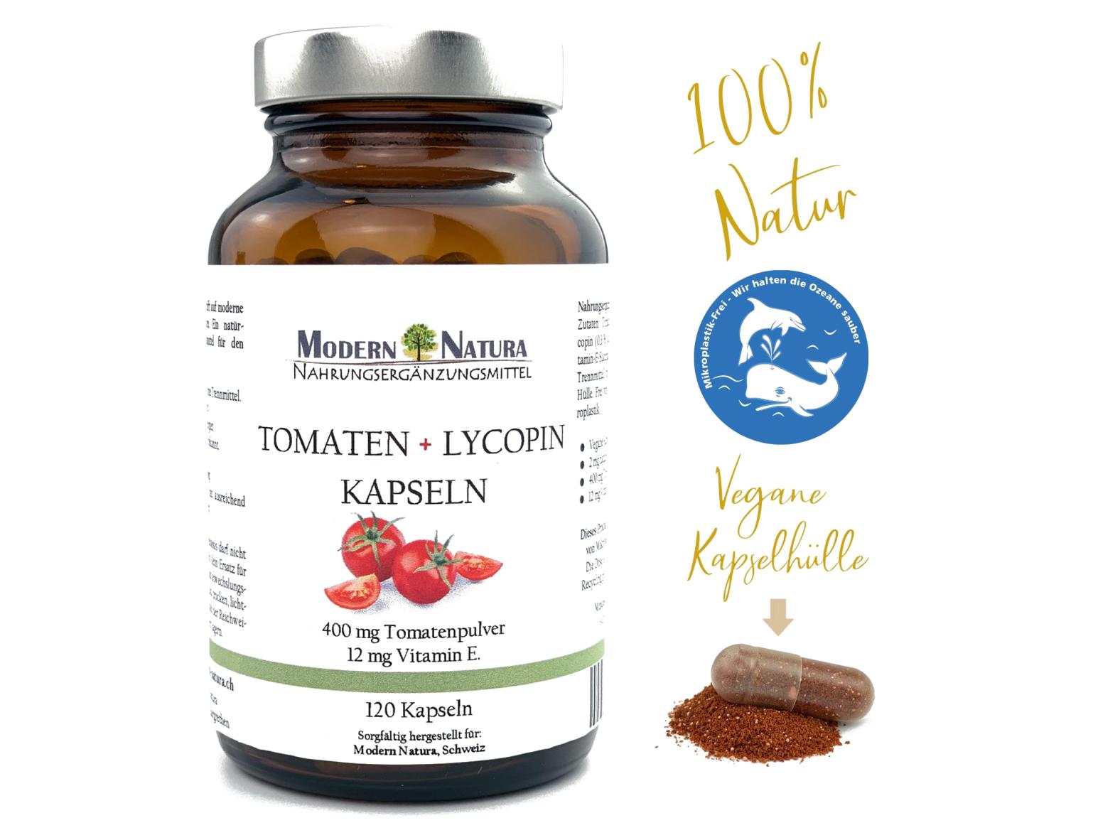 Tomaten + Lycopin Kapseln - 400 mg Tomatenpulver,12 mg Vitamin E. (120 Stück, Vegan & Glutenfrei)