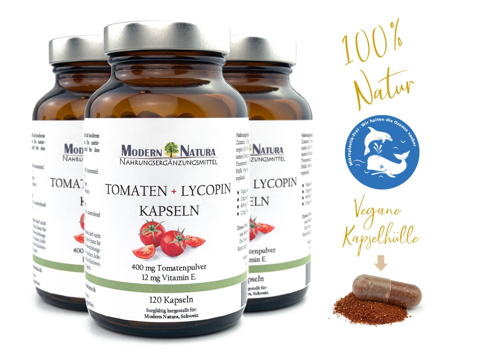 Tomaten + Lycopin Kapseln - 3x 120 Kapseln Vorteilspack - 400 mg Tomatenpulver,12 mg Vitamin E. (120 Stück, Vegan & Glutenfrei)