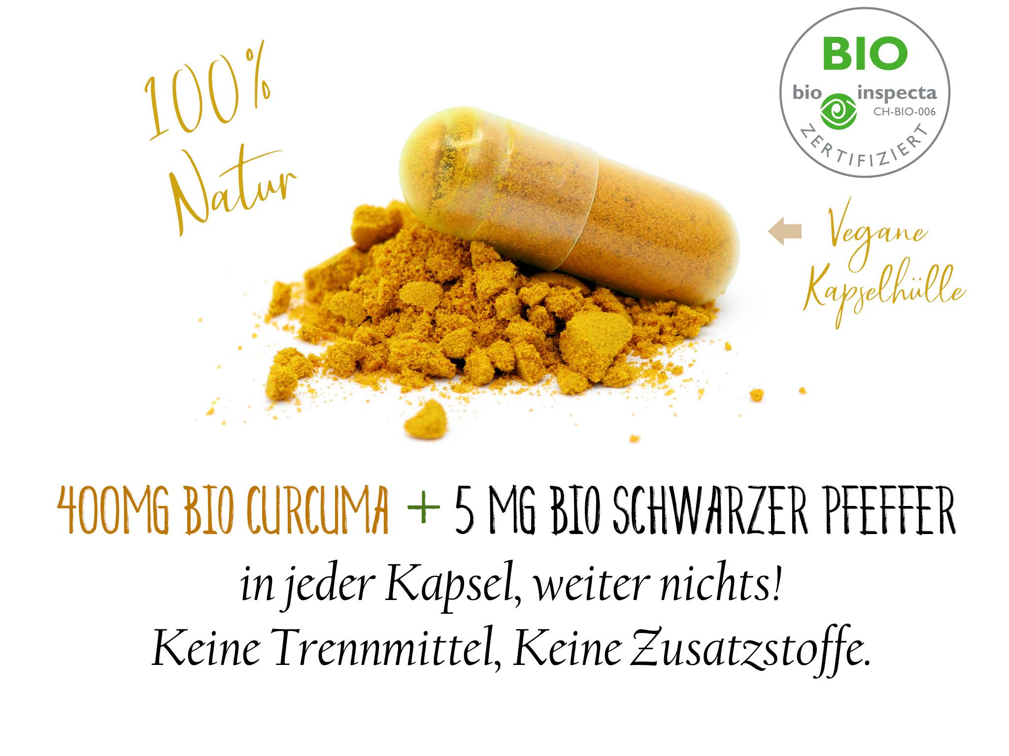 BIO Kurkuma / Curcuma - 120 Kapseln im Glas -  Mit 400mg BIO Curcuma + 5mg BIO Schwarzer Pfeffer - Vegan & Glutenfrei