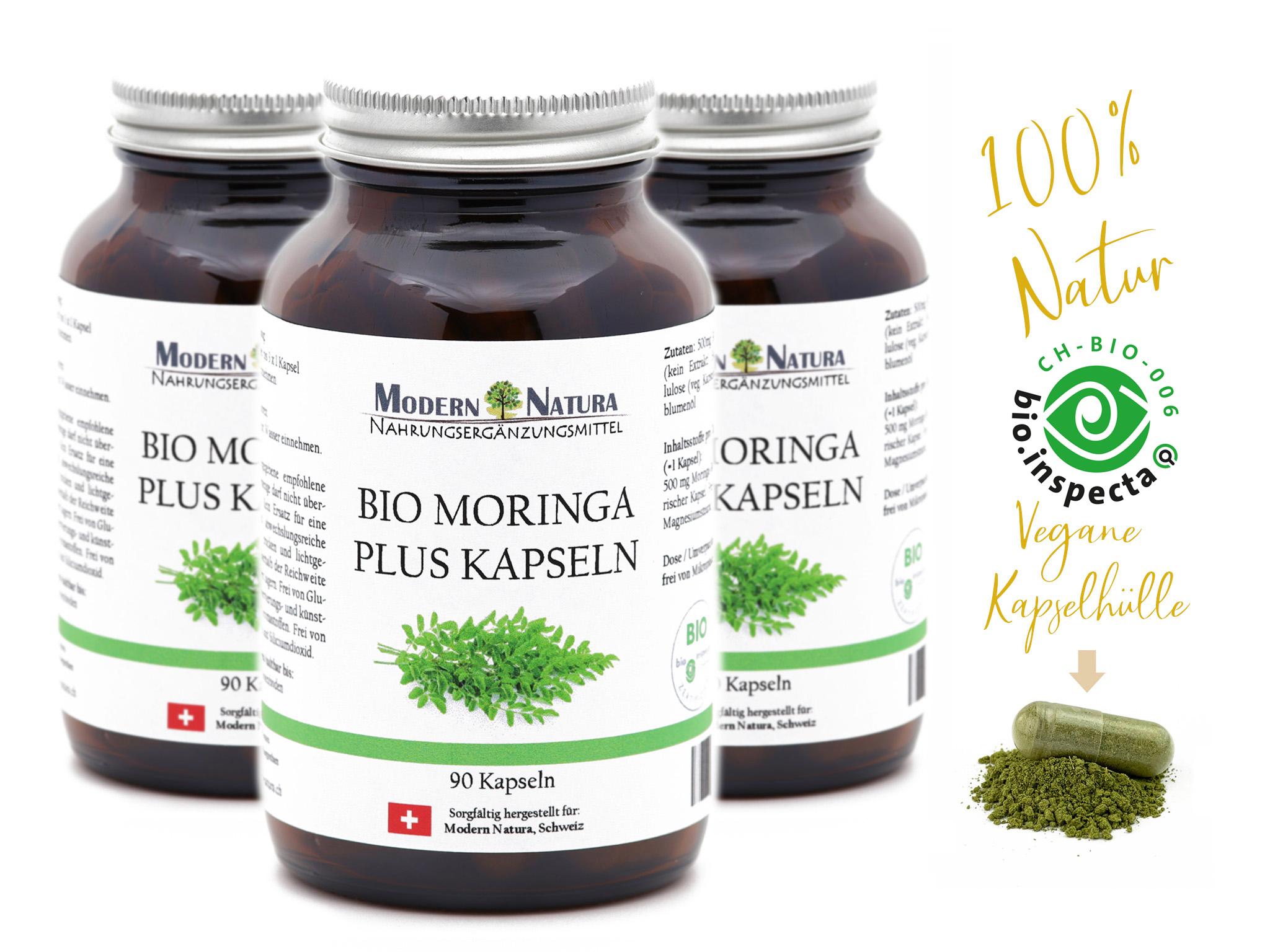 BIO Moringa Kapseln - 3x 90 Kapseln (Set) Vegan & Glutenfrei - 500mg Bio Moringa in jeder Kapsel
