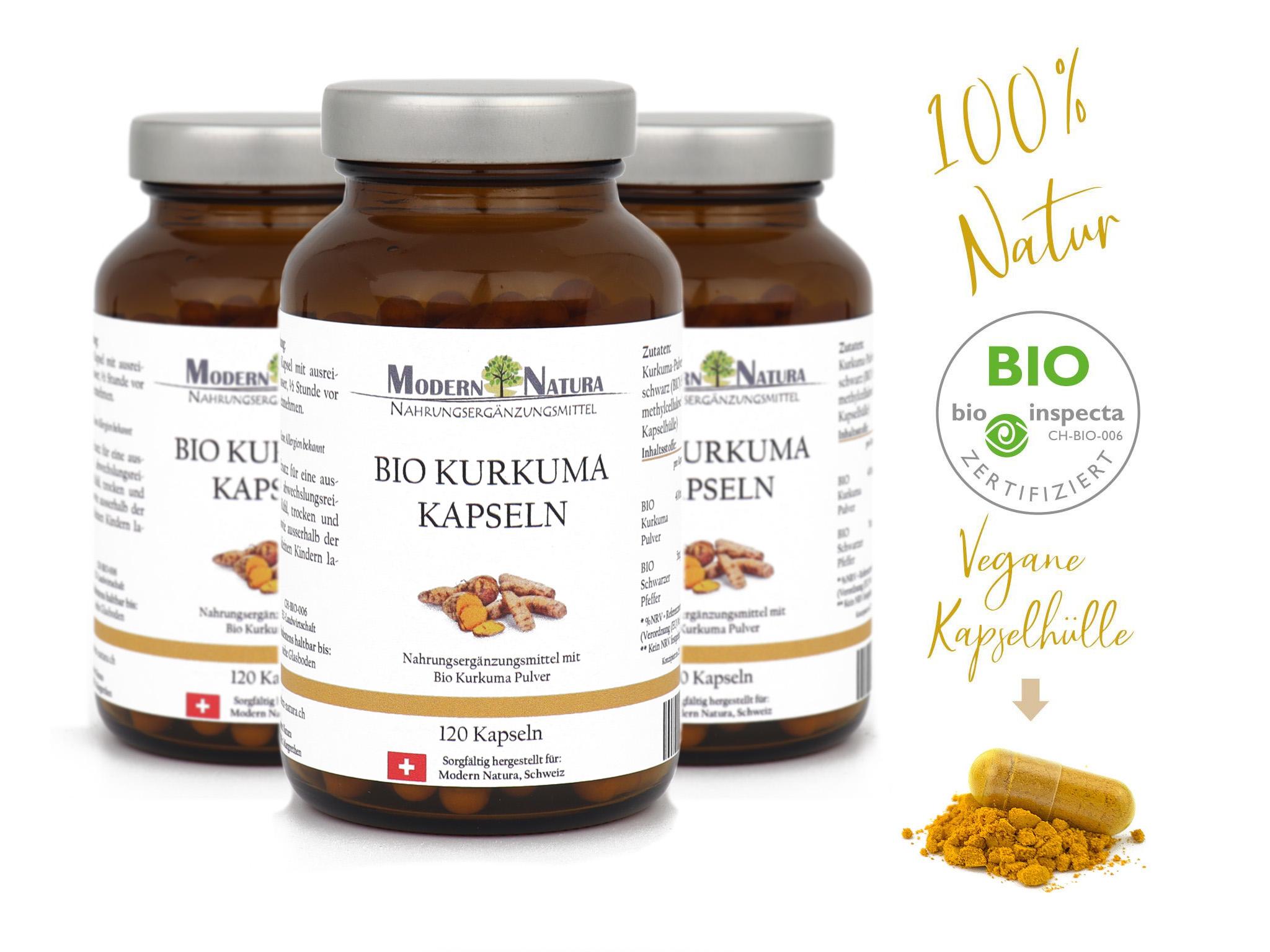 BIO Kurkuma / Curcuma Kapseln - Dreierpack 3x 120 Kapseln im Glas -  Mit 400mg BIO Curcuma + 5mg BIO Schwarzer Pfeffer - Vegan & Glutenfrei