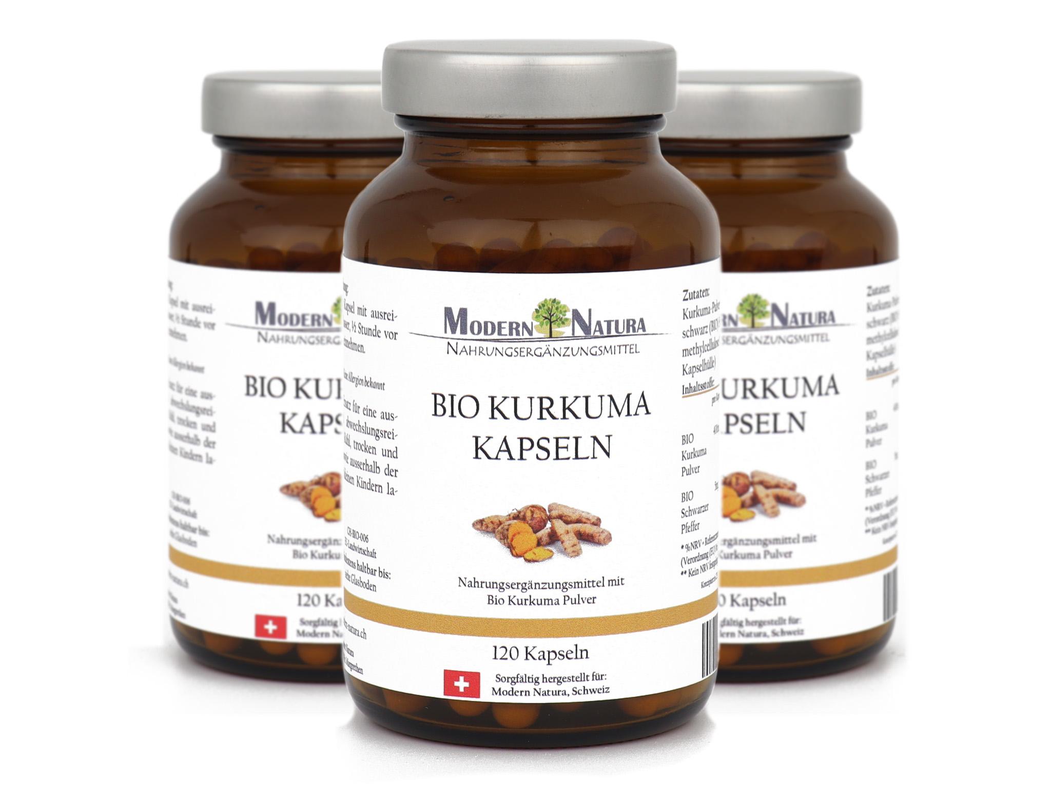 BIO Kurkuma / Curcuma Kapseln - Dreierpack 3x 120 Kapseln im Glas -  Mit 400mg BIO Curcuma + 5mg BIO Schwarzer Pfeffer - Vegan & Glutenfrei