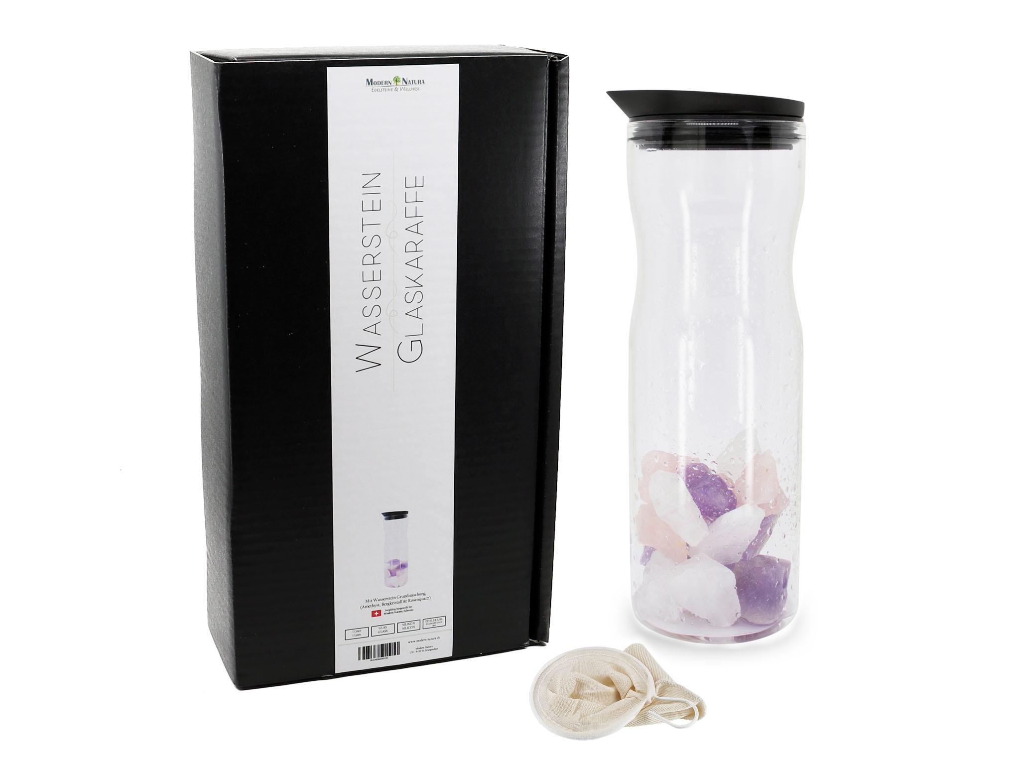 Edelstein / Wasserstein Trinkset - Glaskaraffe + 500g Edelstein Grundmischung (Amethyst, Bergkristall & Rosenquarz)