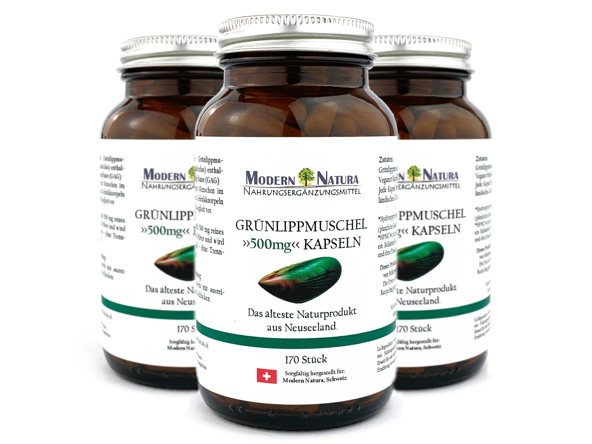 Grünlippmuschel Kapseln 500mg (3x 170 Kapseln Vorteilspack, Vegan verkapselt & Glutenfrei)