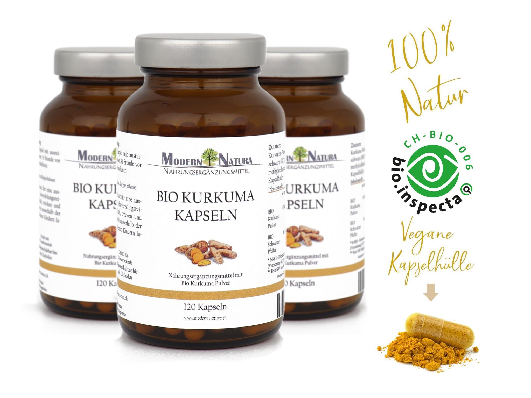BIO Kurkuma / Curcuma Kapseln - Dreierpack 3x 120 Kapseln im Glas -  Mit 400mg BIO Curcuma + 5mg BIO Schwarzer Pfeffer - Vegan & Glutenfrei
