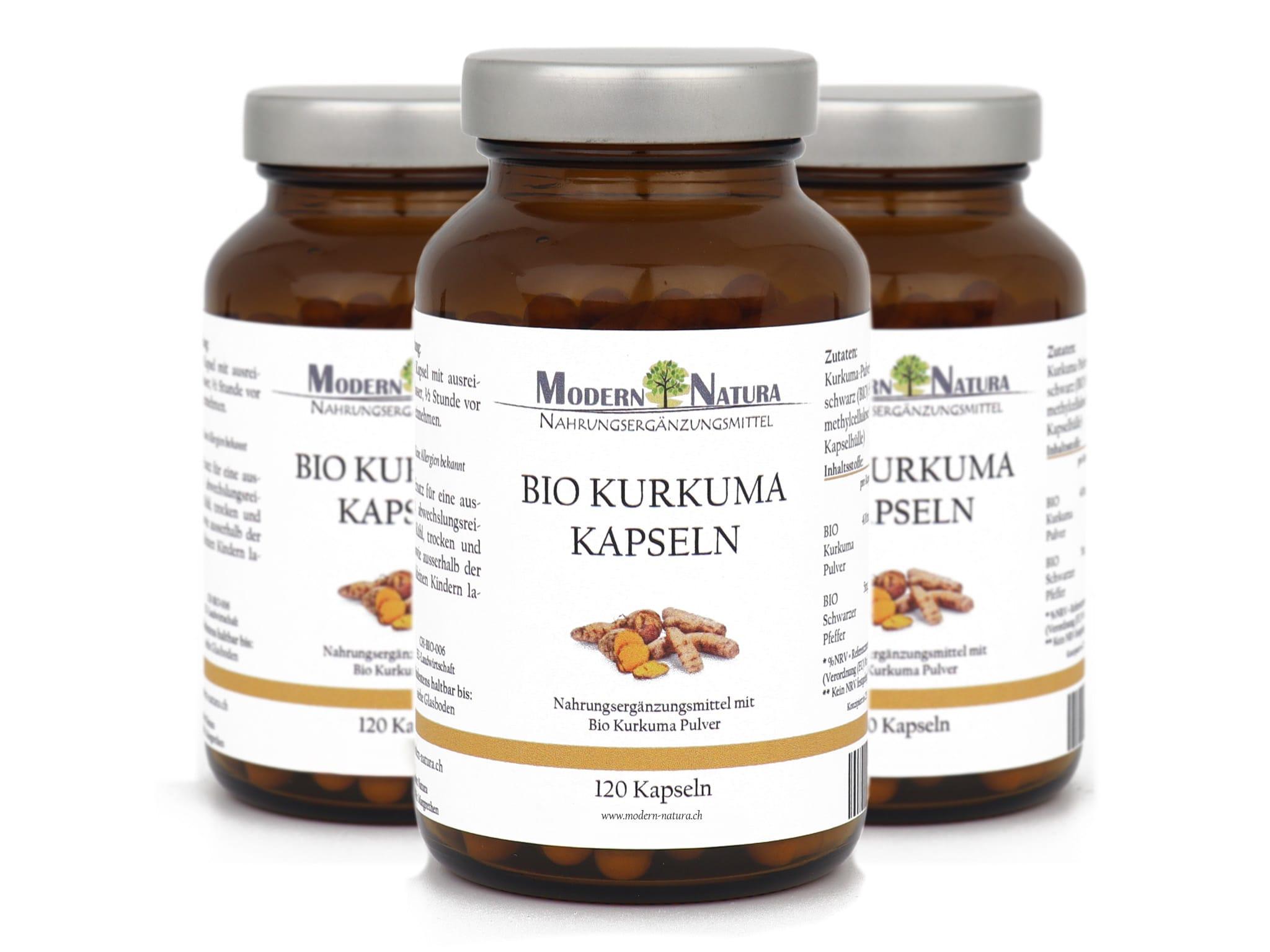BIO Kurkuma / Curcuma Kapseln - Dreierpack 3x 120 Kapseln im Glas -  Mit 400mg BIO Curcuma + 5mg BIO Schwarzer Pfeffer - Vegan & Glutenfrei
