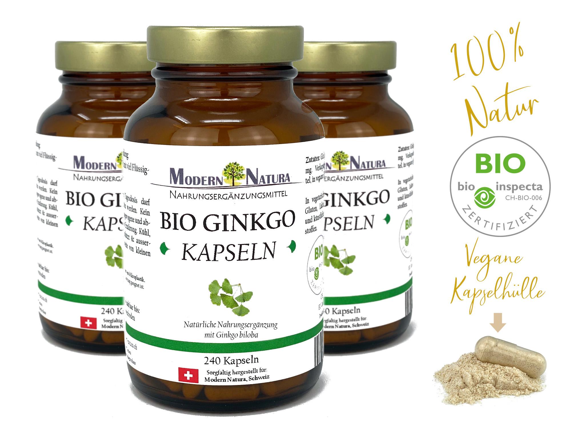 BIO Ginkgo Kapseln - 3x 240 Kapseln Vorteilspack - Biloba-Spezialextrakt (240 Stück, Vegan & Glutenfrei)