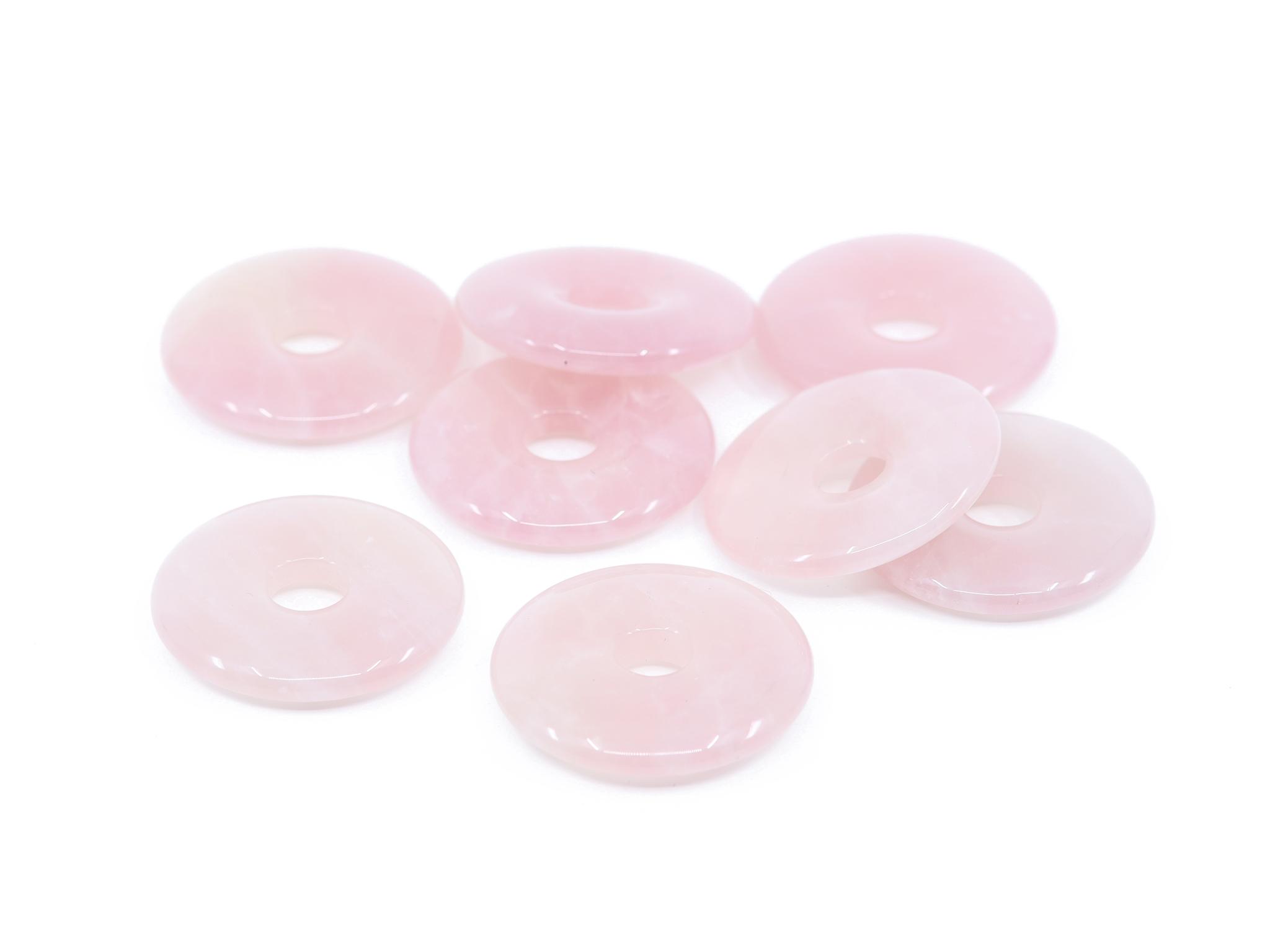 Rosenquarz Edelstein (Donut - 30mm) - Anhänger inkl. 1m Leder- oder Kunstleder Halskette (Schmuckstein)