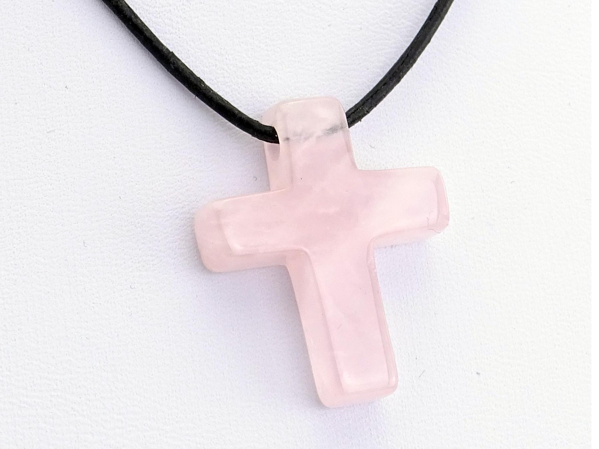 Rosenquarz Kreuz Edelstein / Heilstein - Anhänger inkl. 1m Leder- oder Kunstleder Halsband (Schmuckstein)