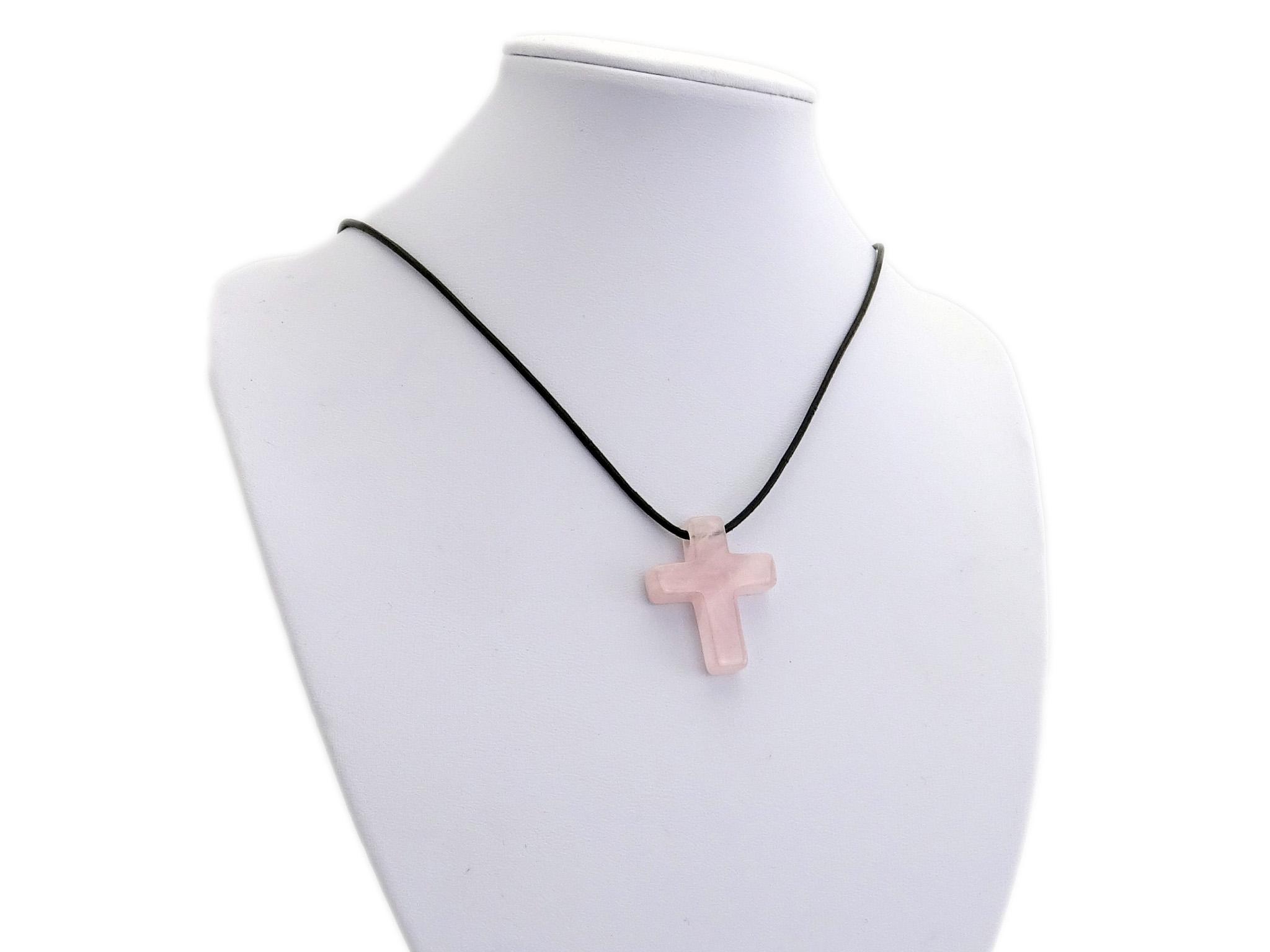 Rosenquarz Kreuz Edelstein / Heilstein - Anhänger inkl. 1m Leder- oder Kunstleder Halsband (Schmuckstein)