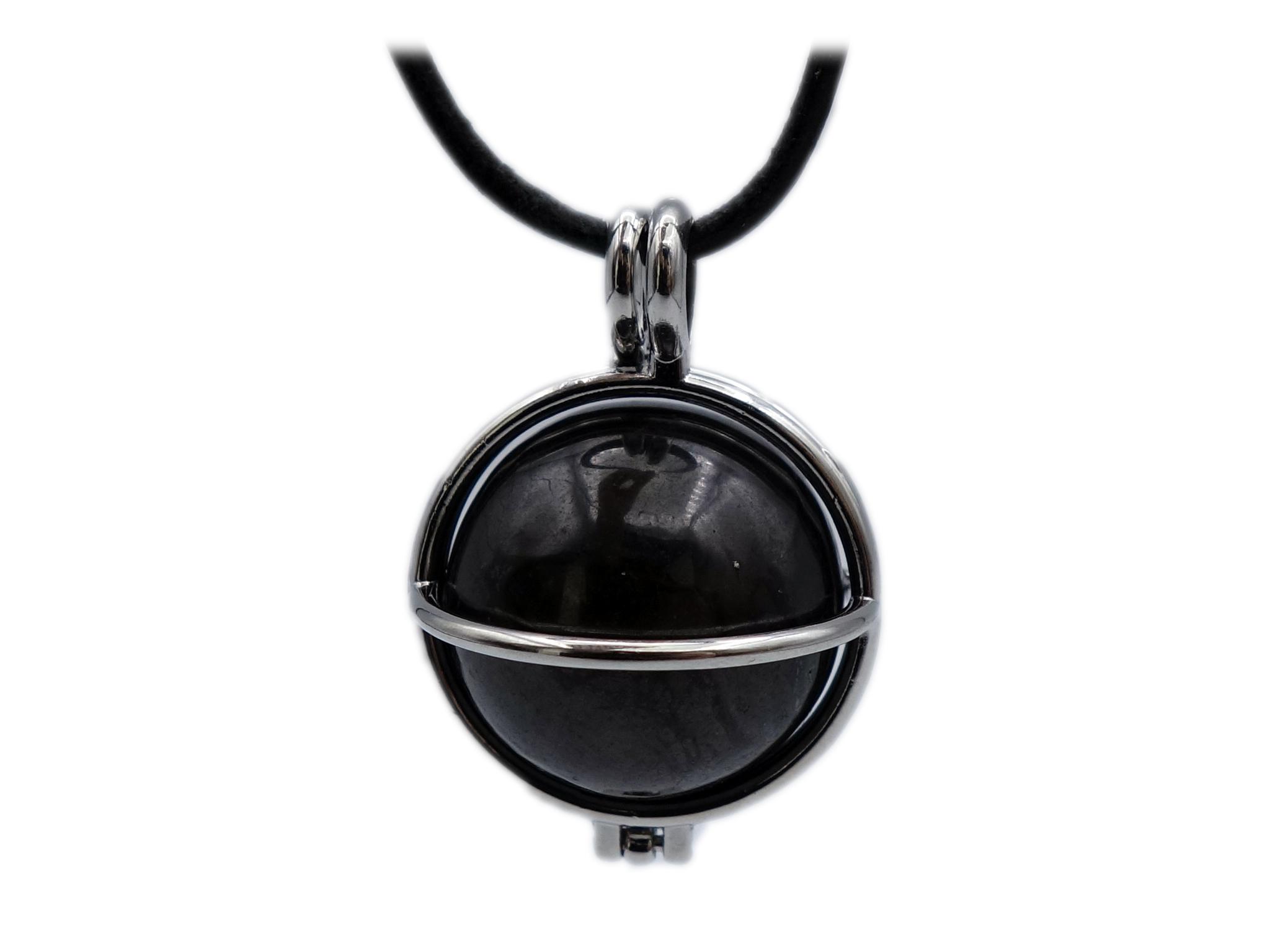 Schungit Edelstein / Heilstein Anhänger (Kugel im versilberten Käfig) + 1m Leder- oder Kunstlederhalsband