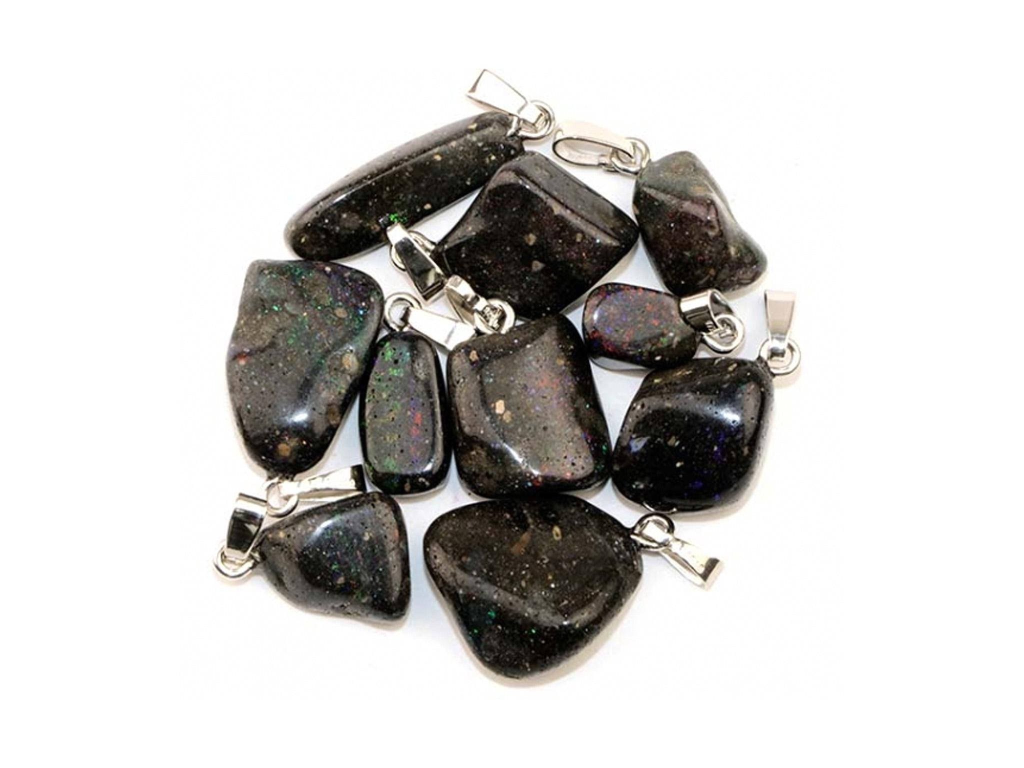 Schwarzer Opal / Edelopal Anhänger mit 925er Silberöse - Edelstein / Heilstein - inkl. 1m Leder- oder Kunstleder Halsband (Schmuckstein)