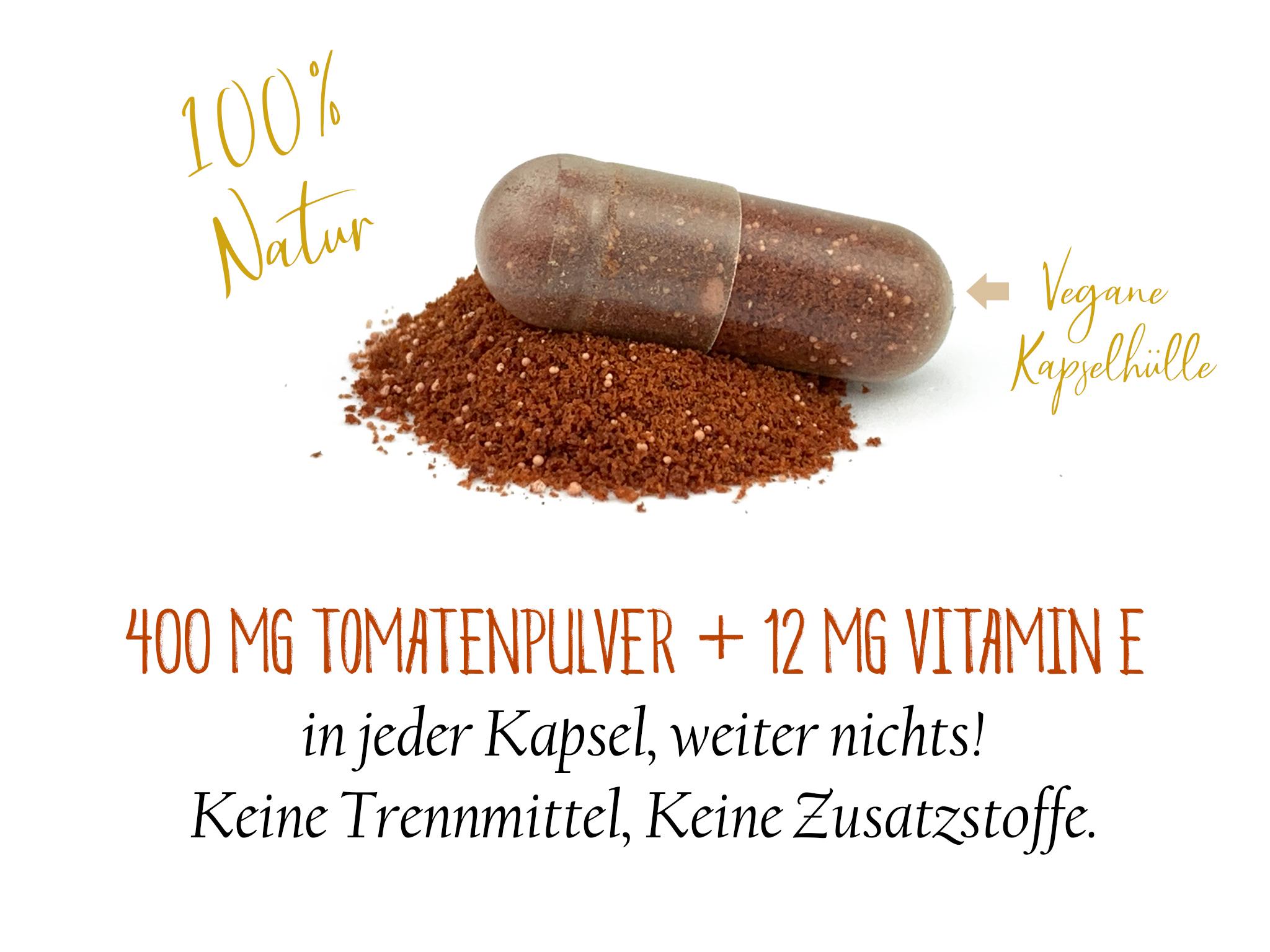 Tomaten + Lycopin Kapseln - 400 mg Tomatenpulver,12 mg Vitamin E. (120 Stück, Vegan & Glutenfrei)