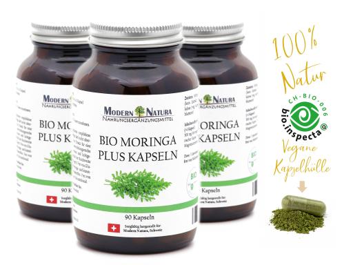 BIO Moringa Kapseln - 3x 90 Kapseln (Set) Vegan & Glutenfrei - 500mg Bio Moringa in jeder Kapsel
