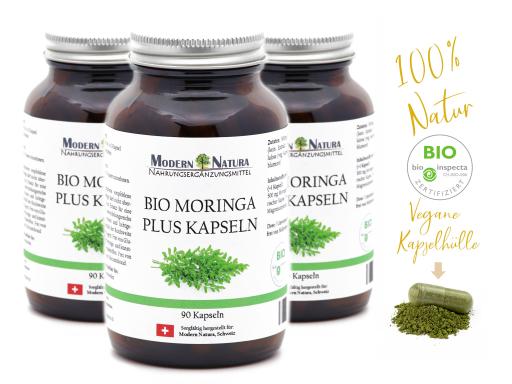 BIO Moringa Kapseln - 3x 90 Kapseln (Set) Vegan & Glutenfrei - 500mg Bio Moringa in jeder Kapsel