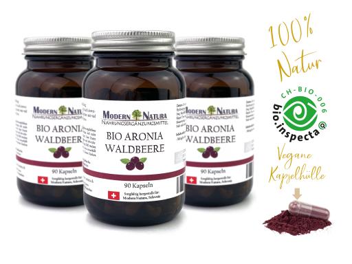 BIO Aronia Waldbeere - 3x 90 Kapseln - Vegan & Glutenfrei - 500mg reinstes Aroniabeeren Pulver / Apfelbeere