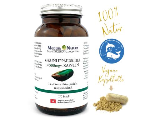 Grünlippmuschel Kapseln (1x 170 Kapseln im Glas) Vegan verkapselt & Glutenfrei - 500mg Grünlippmuschelpulver (Perna canaliculus) & Vitamin C