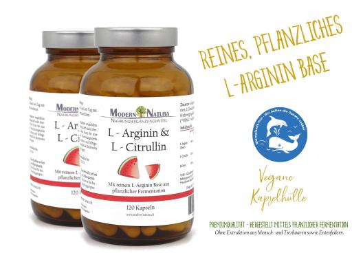 L-Arginin & L-Citrullin - 2x 100 Kapseln Doppelpack - Vegan & Glutenfrei - Reines L-Arginin Base