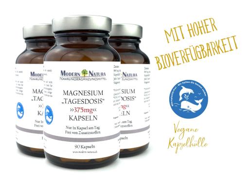 Magnesium "Tagesdosis" 375mg - Hochdosiert - 3x 90 Kapseln - Vegan & Glutenfrei - Hohe Bioverfügbarkeit (Dreierpack)