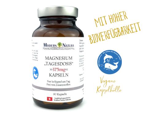 Magnesium "Tagesdosis" 375mg - Hochdosiert - 90 Kapseln - Vegan & Glutenfrei - Hohe Bioverfügbarkeit