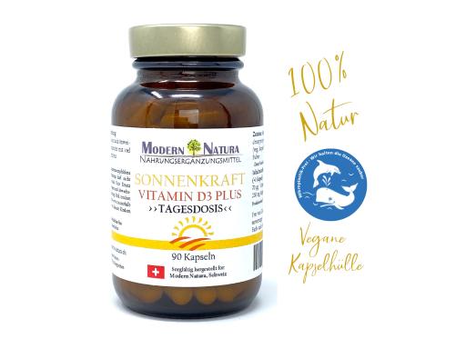 Vitamin D3 Kapseln "Sonnenkraft" - 1x 90 Kapseln Einzelglas - Vegan & Glutenfrei - (Cholecalciferol 2800 IE. pro Kapsel)