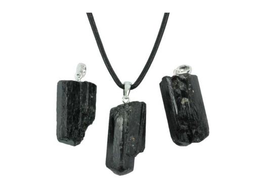 Turmalin - Schörl Rohstein mit Öse Edelstein / Heilstein Anhänger - inkl. 1m Leder- oder Kunstleder Halsband (Schmuckstein)