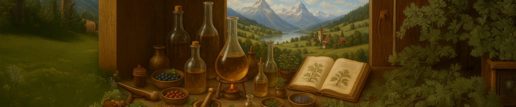 Kräuterwerkstatt mit Glaskolben, Mörser und einem aufgeschlagenen Kräuterbuch vor einer Schweizer Berglandschaft