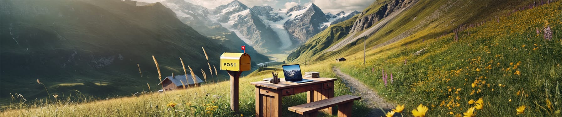 Briefkasten und Schreibtisch auf einer Bergwiese in den Schweizer Alpen