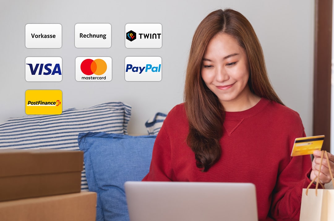 Secure payment methods: TWINT, PayPal, Visa, Mastercard, and Invoice