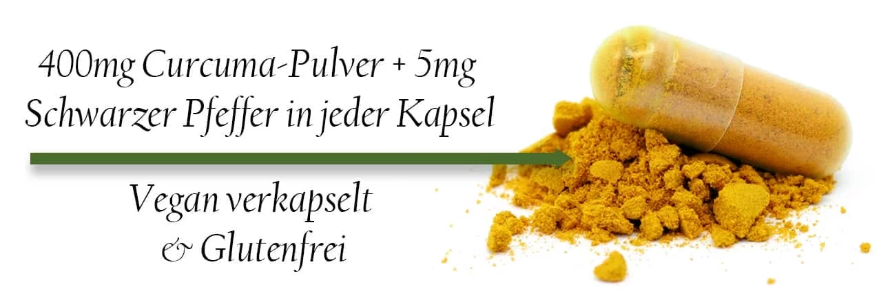Kapsel mit gelbem Kurkumapulver. Bildtext: 400 mg Curcuma-Pulver und 5 mg schwarzer Pfeffer je Kapsel; vegan verkapselt und glutenfrei.
