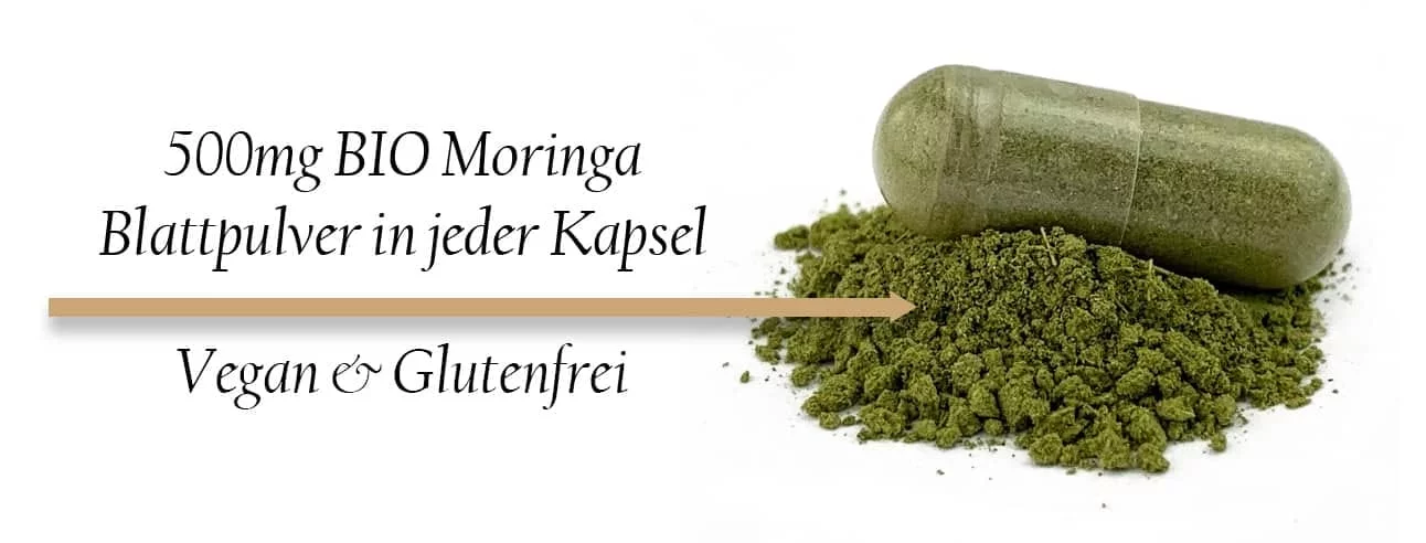 Kapsel mit grünem Moringa-Blattpulver. Bildtext: 500 mg Bio-Moringa-Blattpulver je Kapsel; vegan und glutenfrei.
