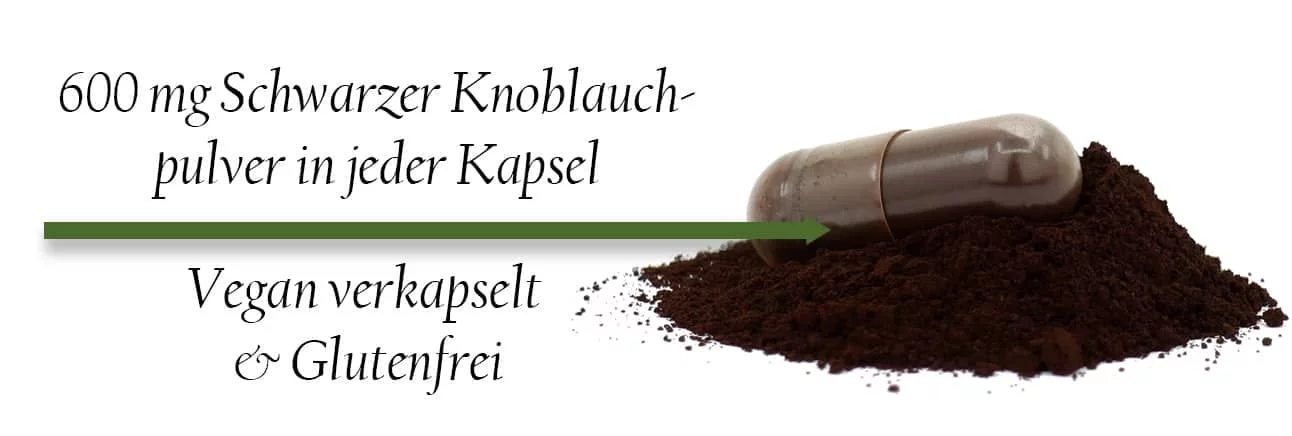 Capsule avec poudre d’ail noir. Légende de l’image : 600 mg de poudre d’ail noir par capsule ; encapsulé vegan et sans gluten.