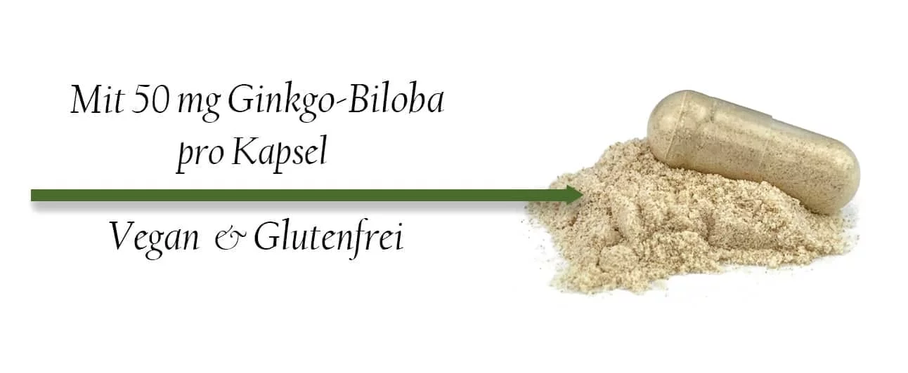 Kapsel mit hellem Pulver. Bildtext: Mit 50 mg Ginkgo biloba pro Kapsel; vegan und glutenfrei.
