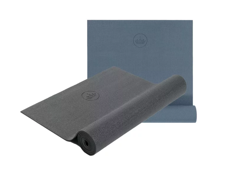 Yogamatte STUDIO in Anthrazit und Blau als Produktansicht der schadstoffgeprüften Matte