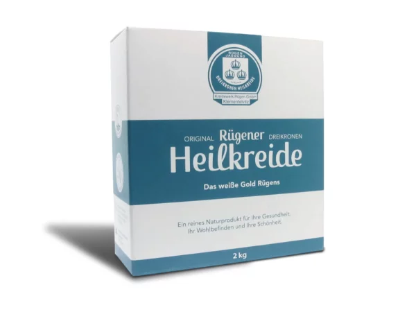 Rügener Dreikronen Heilkreide in blau-weisser 2-kg-Faltschachtel auf weissem Hintergrund