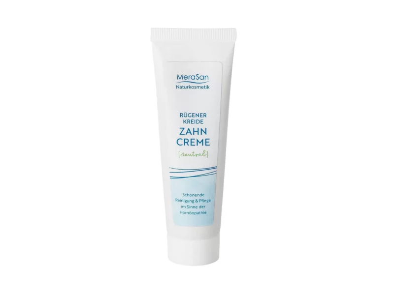Rügener Heilkreide Zahncreme Neutral in weisser 50-ml-Tube mit hellblauem Etikett